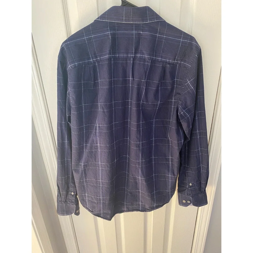 Tasso Elba Button Down Shirt Mens M Navy Blue Windowpane Check Long Sleeve